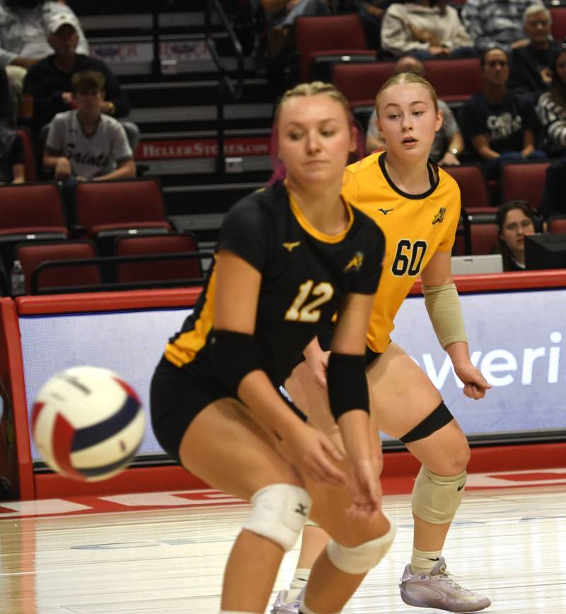 Riverdale's Cayleigh Hungate (12) and Kamryn Kruger (60) watch as a serve lands in bounds for during their 2A semifinal match with Central Catholic at the state volleyball tournament at Illinois State University on Friday, Nov. 14, 2025.