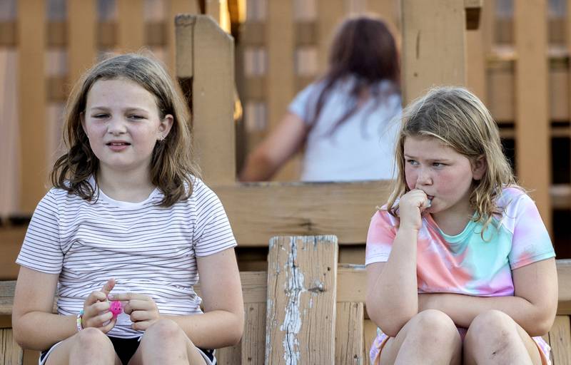 Aria Chapman (left), 9, and Harper Diehl, 9, grab a birds-eye view during Dixon PTO’s “Party in the Playground” Thursday, Aug. 29, 2024, at Wooden Wonderland.
