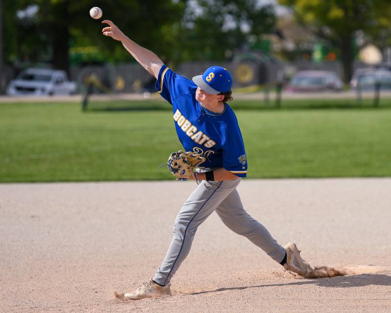 Somonauk's Landon Johnson (20) pitches during the game on Tuesday May 13, 2025, during the game while taking on Newark High School held at Somonauk High School.