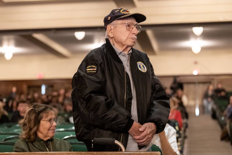 World War II veteran Ted Micci is recognized during the Veterans Day Assembly at Joliet Central High School on Nov. 7, 2025.