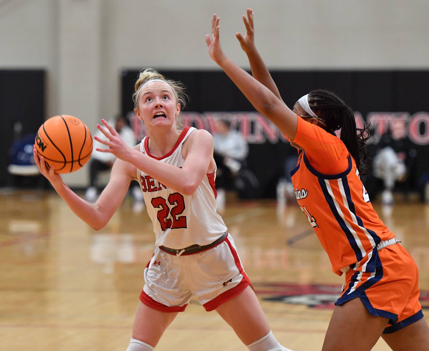 Benet’s Bridget Rifenburg (22) goes to the basket as Whitney Young’s Harmony Cooper defends during a Coach Kipp Hoopsfest game on January 19, 2026 at Benet Academy in Lisle.