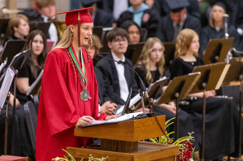Class of 2025 salutatorian Grace Newman gives a speech after receiving her medal at the LaSalle-Peru Township High School Class of 2025 commencement ceremony on Thursday, May 15, 2025 in Sellett Gymnasium.