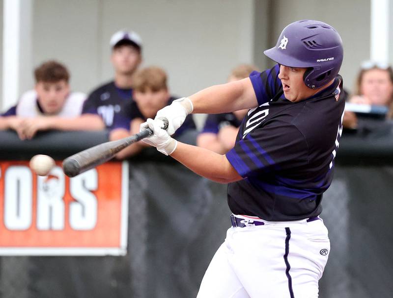 Dixon’s Brady Lawrence makes contact Thursday, May 29, 2025, during their Class 3A regional semifinal game against Sycamore at Freeport High School.