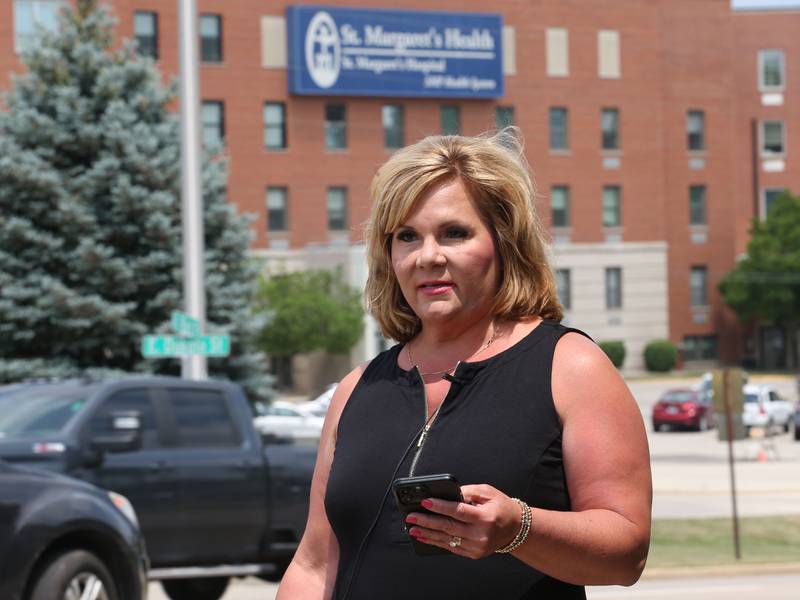 Melanie Malooley Thompson mayor of Spring Valley, is interviewed during a press conference outside St. Margaret's Health on Friday, June 16, 2023 in Spring Valley. The hospital is closing after 119 years.