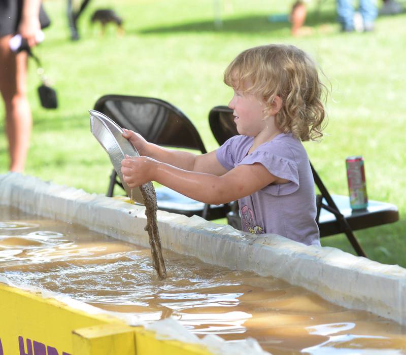 Paisley Countryman, 3, of Forreston, pans for "gold" at one of the activities for kids at German Valley Days on Saturday, July 19, 2025.