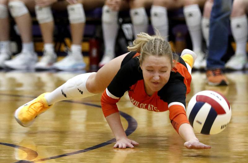 Libertyville's Charlie Fleegle tries to name a diving save during an IHSA Class 4A Hampshire Sectional semifinal volleyball match against Huntley on Tuesday, Nov. 4, 2025, at Hampshire High School.