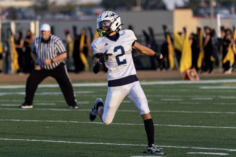Plainfield South's Liem Sesta gets into position during a varsity football away game against Joliet West on Sept. 12, 2025.