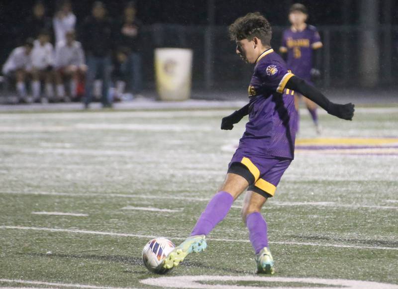 Mendota's Cesar Casas kicks the ball into Kewanee territory during the Class 1A Regional game on Wednesday Oct. 18, 2023 at Mendota High School.