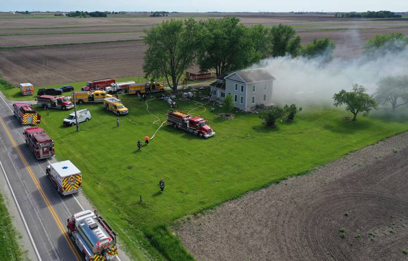 Tonica, Peru, Utica, Grand Ridge, Leonore and Oglesby fire departments work the scene of a structure fire in the 1900 block of East 8th Road on Wednesday, May 8, 2024 near Tonica. The fire happened just before 3:30p.m. A MABAS box alarm was issued.