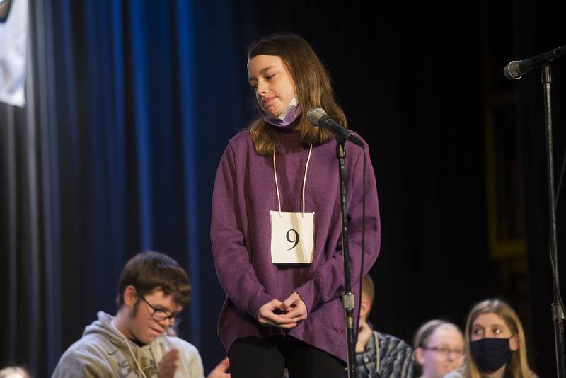 Merit Namaste Rose of David L. Rahn Jr. High reacts to winning the 2022 Lee-Ogle-Whiteside Regional Spelling Bee Thursday, Feb. 24, 2022 at Dixon High School.