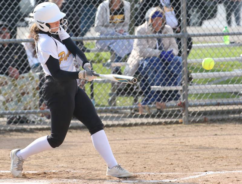 Putnam County's Kylee Moore gets a hit against Henry-Senachwine on Tuesday, April 25, 2023 at Putnam County High School.