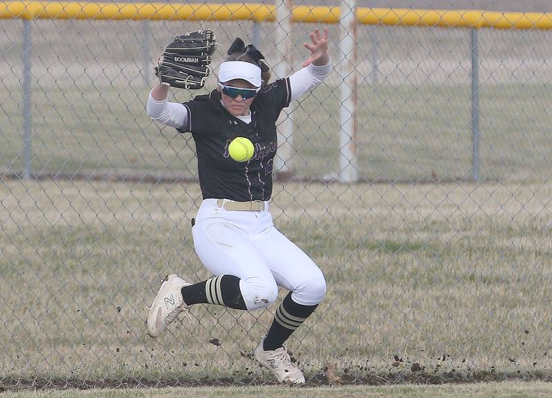Serena's Brynley Glade drops a fly ball while playing Marquette on Wednesday, March 26, 2025 at Serena High School.