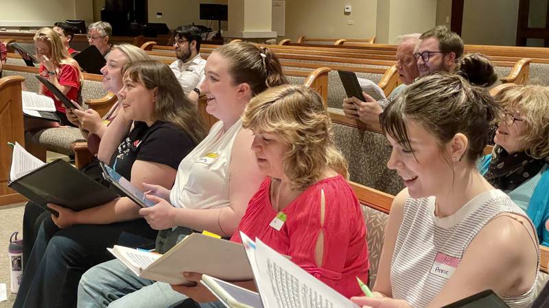 Fox Valley Opera singers rehearse at the Oswego Presbyterian Church on June 3, 2025, for their upcoming Summer Spectacular concert in St. Charles on June 8, 2025.