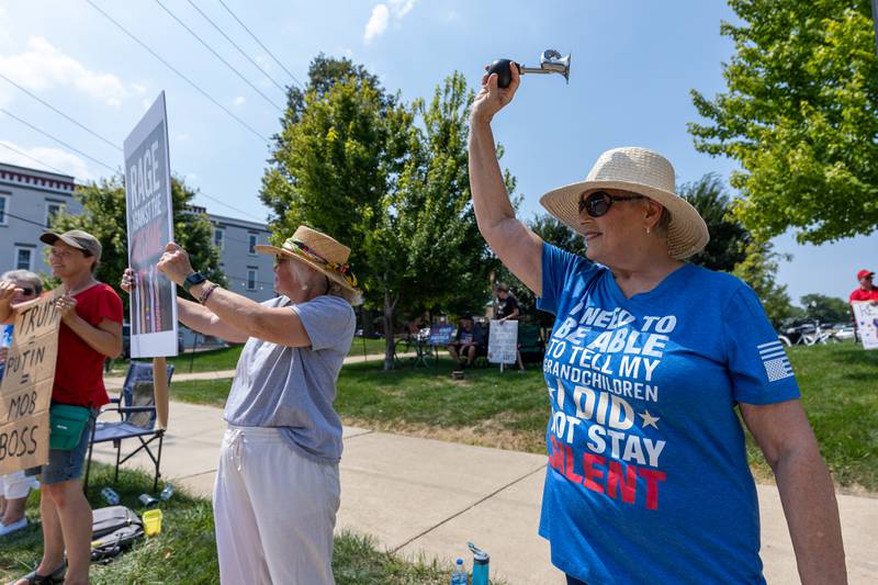 Protesters hold signs and blow airhorn at the “No Kings” protest on Saturday,  August 9, 2025 at Rotary Park in Princeton.