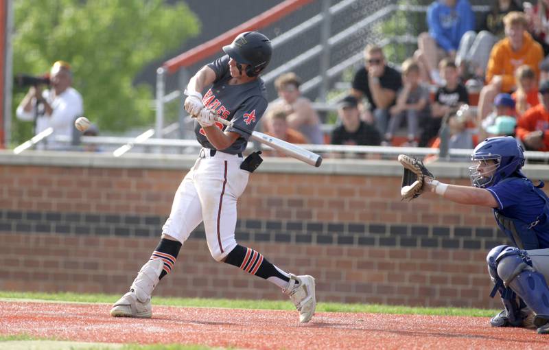 St. Charles East’s Clay Jensen bats during a home game against Wheaton North on Monday, May 15, 2023.