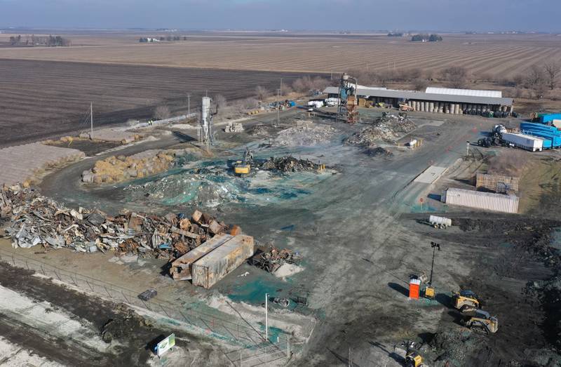 An aerial view of LSC Environmental Products (formally Phoenix Paper Products) on Monday, Feb. 5, 2024 near Lostant. This is taken two-weeks after a massive three-alarm fire destroyed the business. Lostant Fire Department has been out to the site several times since the fire for rekindles.