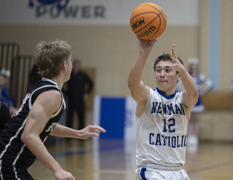 Newman’s Evan Bushman drops a pass down low against Byron Tuesday, Dec. 3, 2024, at Newman High School.