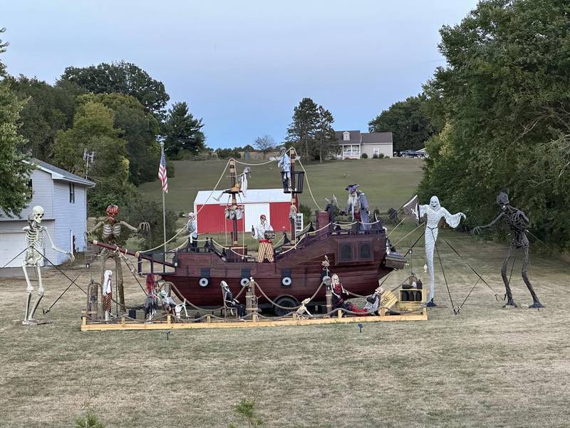 A large pirate ship Halloween display can be seen in the 500 block of Route 26 on Thursday, Oct. 17, 2024 in Lacon.
