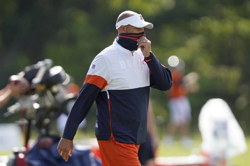 Chicago Bears head coach Matt Nagy walks on the field as he watches his players during practice in Lake Forest, Ill., Monday, Aug. 17, 2020.