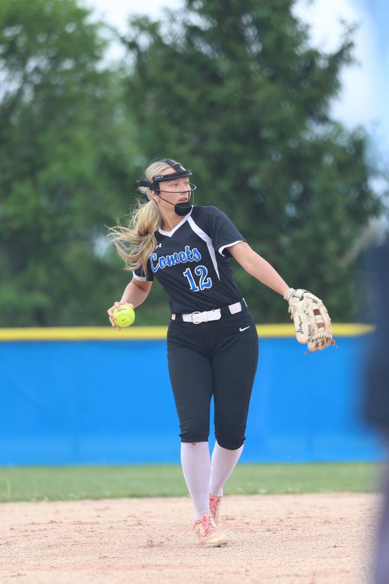 Clifton Central's Mia Perzee prepares to throw to first during Central's 9-3 victory over St. Anne in the Class 1A Dwight Regional quarterfinal game at Central High School.