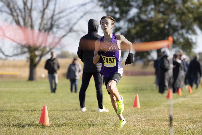 Dixon’s Westin Conatser comes in for a 15th place finish during the Big Northern Conference cross country race at Sauk Valley College Saturday, Oct. 15, 2022.
