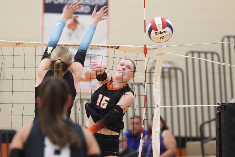 Minooka’s Charlotte Matejka powers a shot past the defense of Joliet Catholic on Wednesday, Sept. 4, 2024 in Minooka.