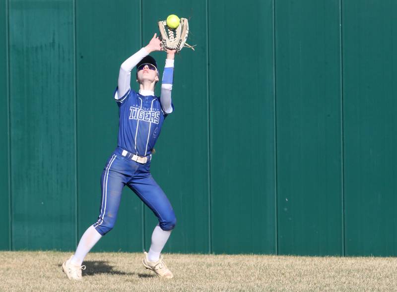 Princeton's Caroline Keutzer makes a catch on the warning track against L-P on Tuesday, March 25, 2025 at the L-P Athletic Complex in La Salle.