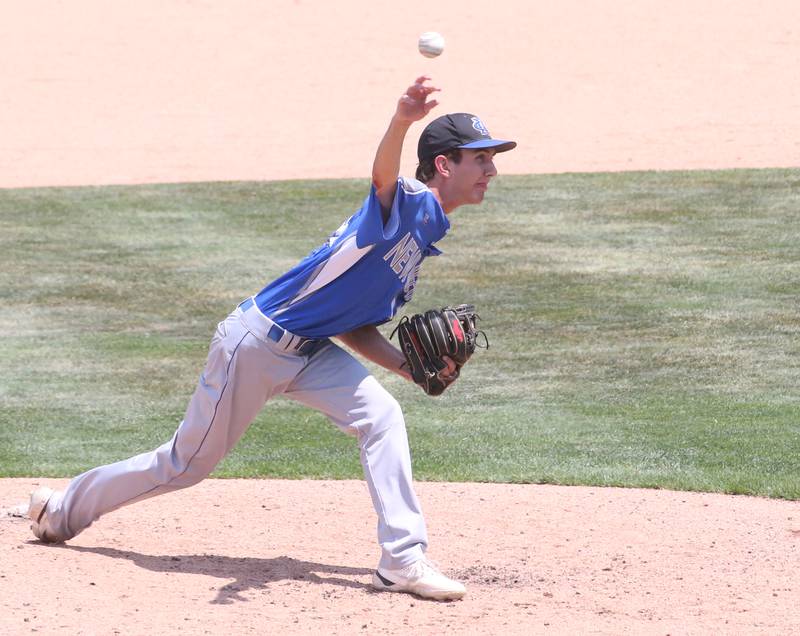 Newman pitcher Kyle Wolfe lets go of a pitch against Henry-Senachwine during the Class 1A State semifinal game on Friday, June 2, 2023 at Dozer Park in Peoria.