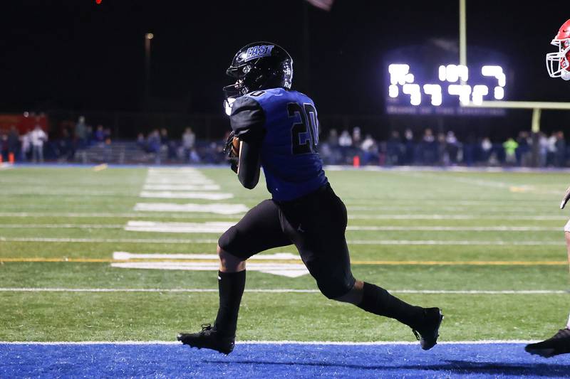 Lincoln-Way East’s Brody Gish pulls in a pass for a touchdown against Naperville Central on Friday, Oct. 25, 2024 in Frankfort.