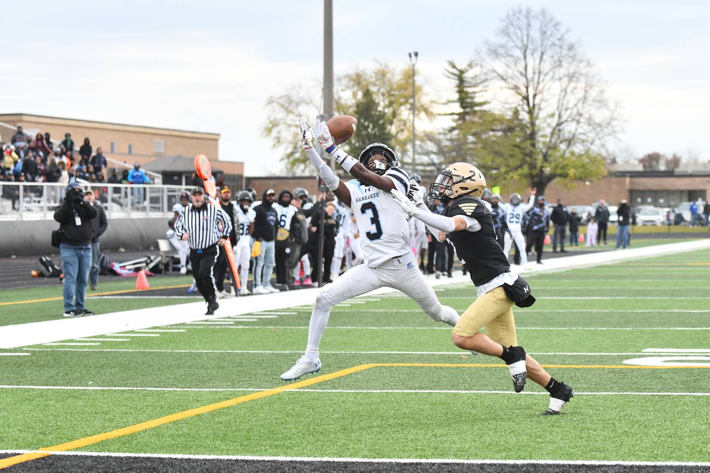 Kankakee's Cedric Terrell III nearly catches a pass near the end zone Saturday, Nov. 16, 2024, during the Kays' 21-20 loss to Richards in the IHSA Class 6A Playoffs quarterfinal.