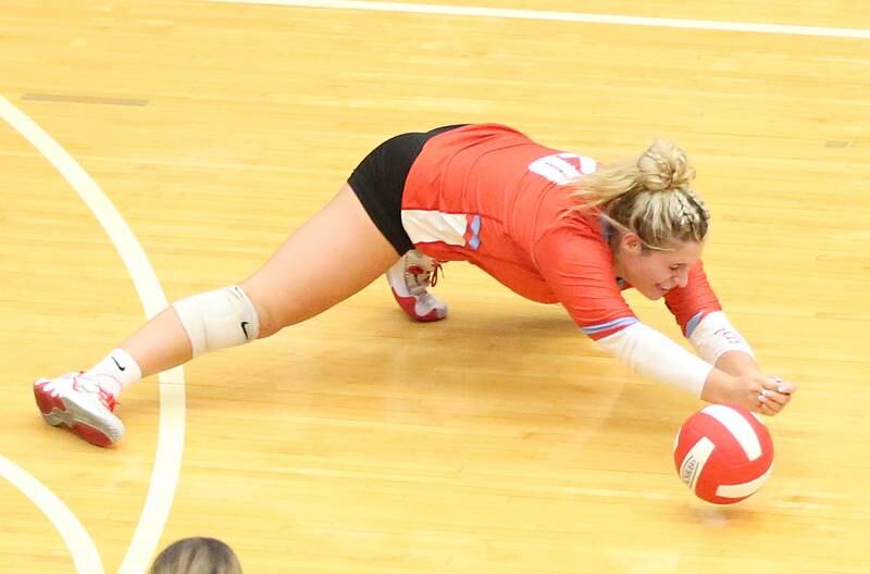 Ottawa's libero Reese Burgwald misses a return serve from L-P on Thursday, Sept. 21, 2023 at Kingman Gym.