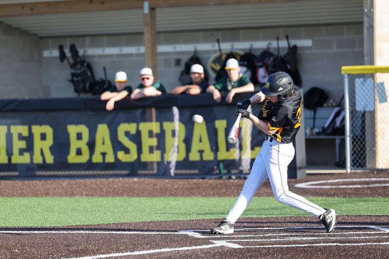 Herscher's Gaige Brown connects for a hit during the Tigers' 21-0 victory over Grant Park on Wednesday, April 23, 2025.