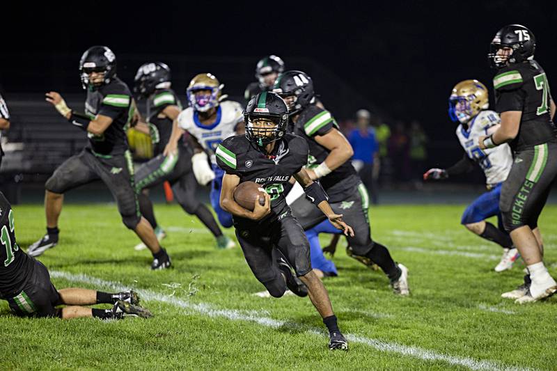 Rock Falls’ Michael Flowers picks up big yards and goes on to score against Rockford Christian Friday, Sept. 22, 2023 in Rock Falls.