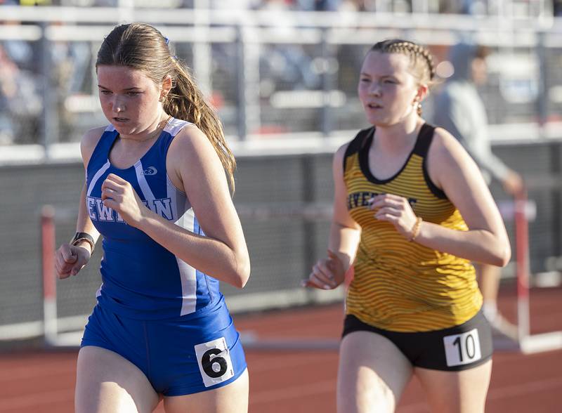Newman’s Grace King heads for the finish in the 3200 run Wednesday, May 13, 2026, during the Class 1A Erie Sectional meet.