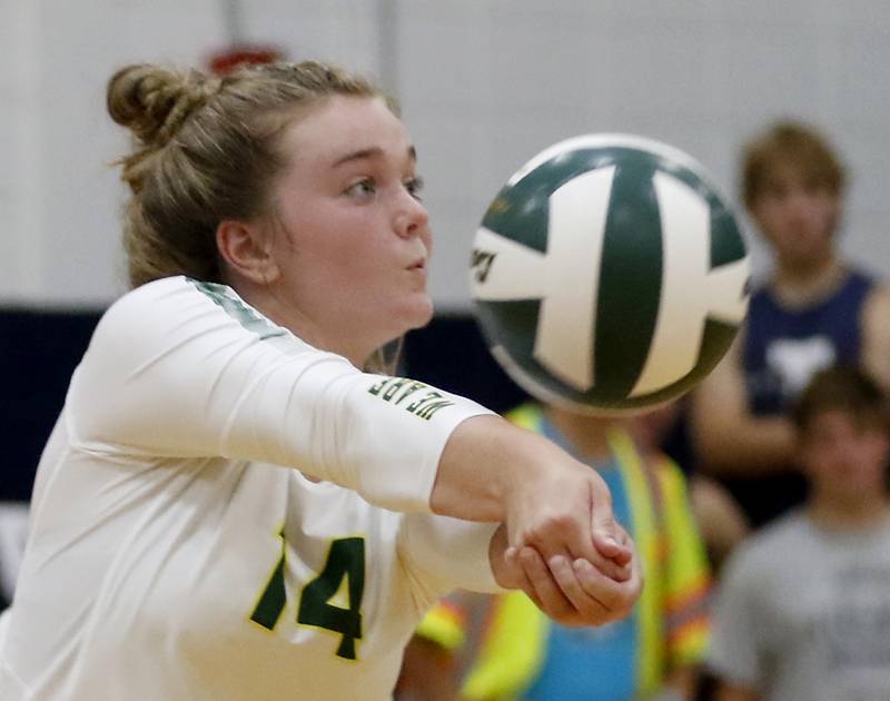 Crystal Lake South’s Emma Stowasser, passes the ball during a Fox Valley Conference volleyball match Thursday, Aug. 25, 2022, between Cary-Grove andCrystal Lake South at Cary-Grove High School.