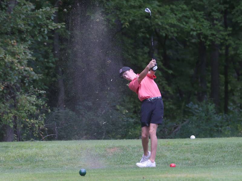 Ottawa's Colt Bryson, hits toward the third hole during the Streator Bulldog Invitational on Monday, Aug. 25, 2025 at Eastwood Golf Course in Streator.