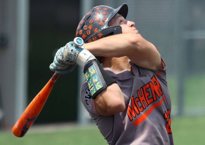 McHenry’s Connor McLean pops the ball up against Barrington in IHSA Class 4A Sectional Title Game baseball action at McHenry High School in McHenry on Saturday, June 7, 2025.