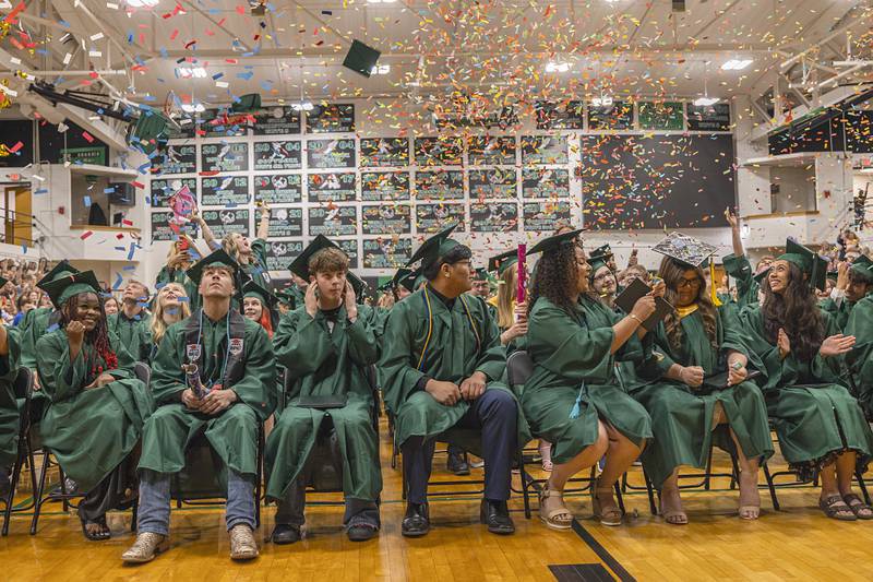 Confetti and hats fill the air Sunday, May 17, 2026, as the Rock Falls class of 2026 celebrates their graduation.
