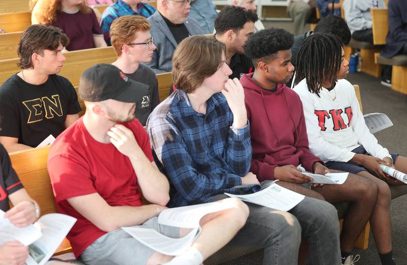 Attendees, including members of the Northern Illinois University Greek community, listen to speakers during the informational meeting Thursday, May 18, 2023, at New Hope Missionary Baptist Church in DeKalb. The meeting centered on the the proposed plans for the vacant lot on the corner of Blackhawk Road and Hillcrest Drive.