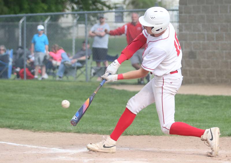 Ottawa's George Shumway makes contact with the ball agaisnt Streator during the Class 3A Regional semifinal game on Thursday, May 29, 2025 at Pontiac High School.