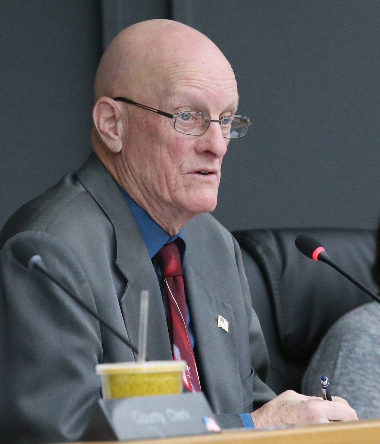 La Salle County Board Chairman Don Jensen, R-Deer Park, speaks Thursday, Feb. 8, 2024, before voting on a resolution to declare La Salle County as a non-sanctuary county regarding migrants.