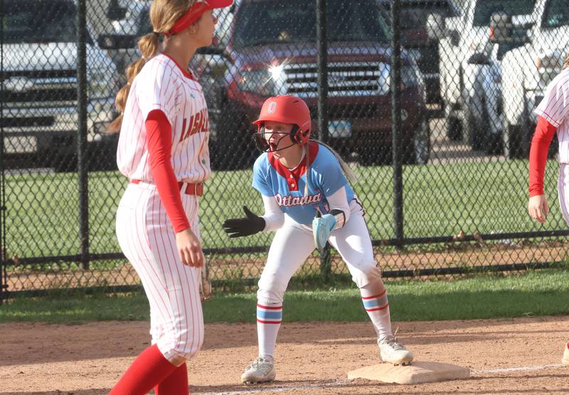 Ottawa's Rylee Harsted reacts after reaching third base on Wednesday, April 29, 2026 at the L-P Athletic Complex in La Salle.