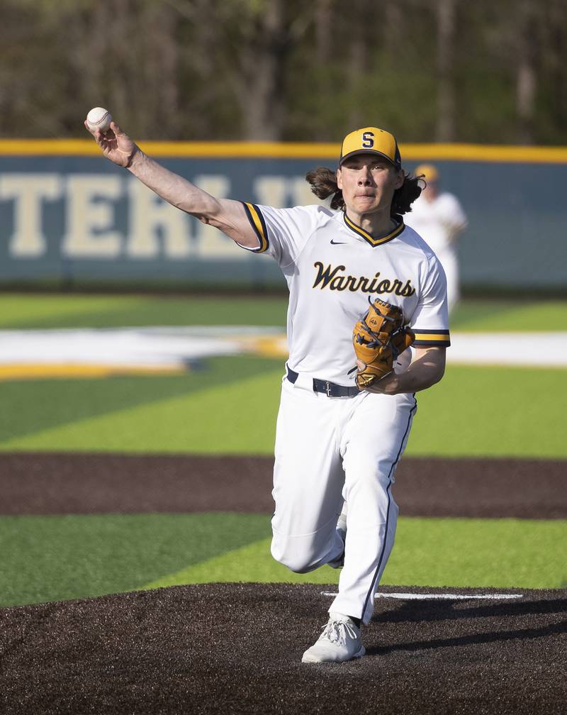 Sterling’s Eli Penne fires a pitch against United Township Wednesday, April 23, 2025.