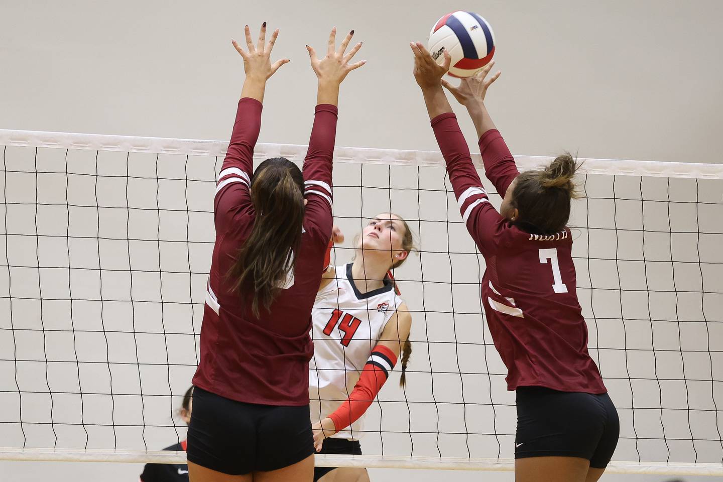 Lincoln-Way Central's Ella Thompson gets a shot over the defense of Plainfield North in the Class 4A Lincoln-Way Central Regional semifinal on Tuesday, Oct 28, 2025 in New Lenox.