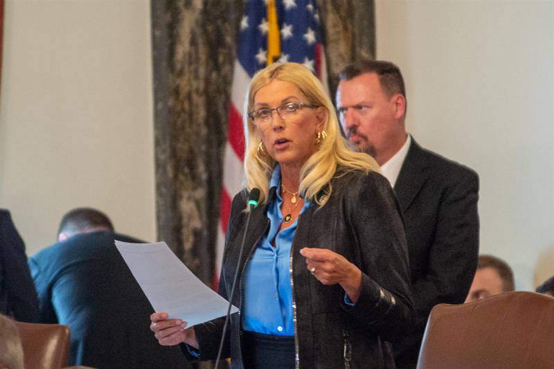 Sen. Sue Rezin, R-Morris, speaks on the Senate floor Thursday in favor of her bill to lift a statewide moratorium on new nuclear power construction. The measure passed with bipartisan support. (Capitol News Illinois photo by Jerry Nowicki)
