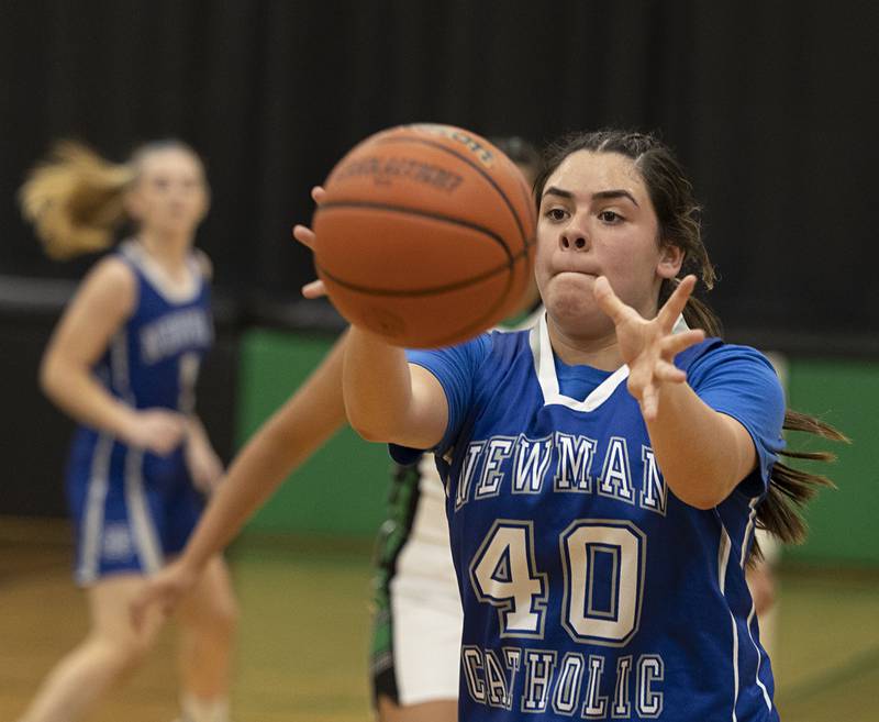 Newman’s Amiya Rodriguez takes an inbound pass against Rock Falls Thursday, Nov.17, 2022.