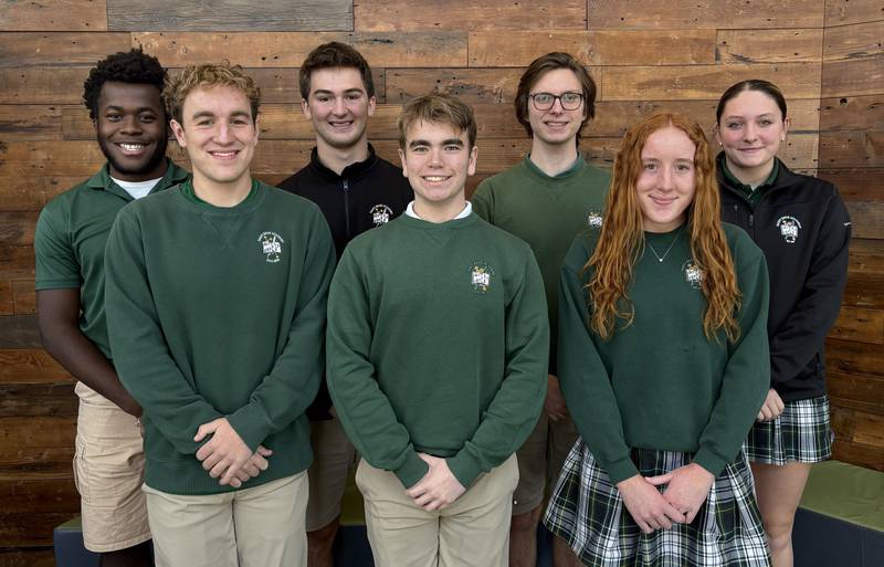 St. Bede Academy’s Illinois State Scholars are Ryan Soliman (front row, from left), Noah Buck, Lillian Soliman, Yannis Yong, AJ Hermes, Harrison Fess and Jillian Pinter.