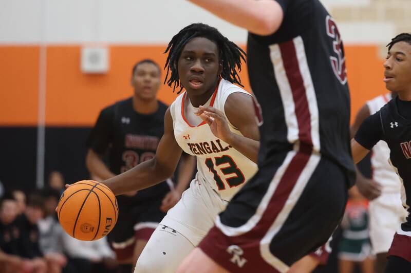 Plainfield East’s Kenneth Leaks looks to make a play against Plainfield North on Tuesday, Jan 14, 2025.