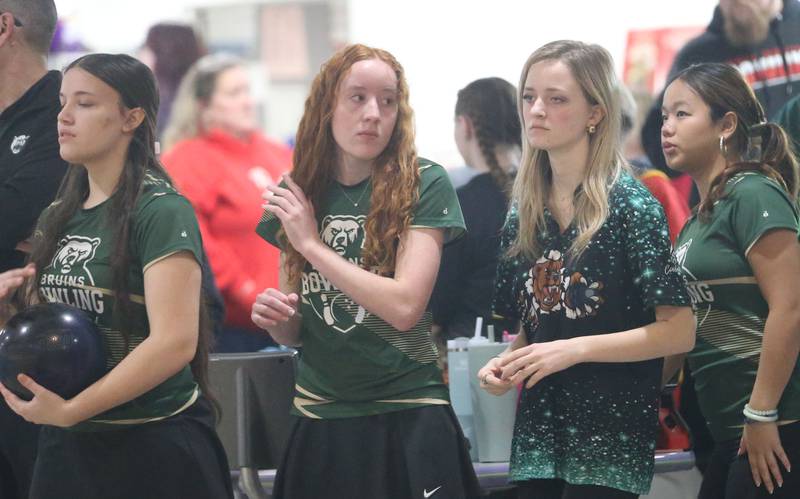 Members of the St. Bede girls bowling team compete during the IHSA girls bowling Regional meet on Friday, Feb. 6, 2026 at the Illinois Valley Super Bowl in Peru.