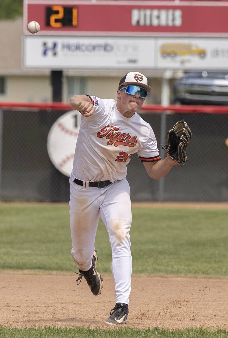 Byron’s Caden Considine fires to first for an out against Oregon Saturday, May 24, 2025, in the Stillman Valley Class 2A Regional final.